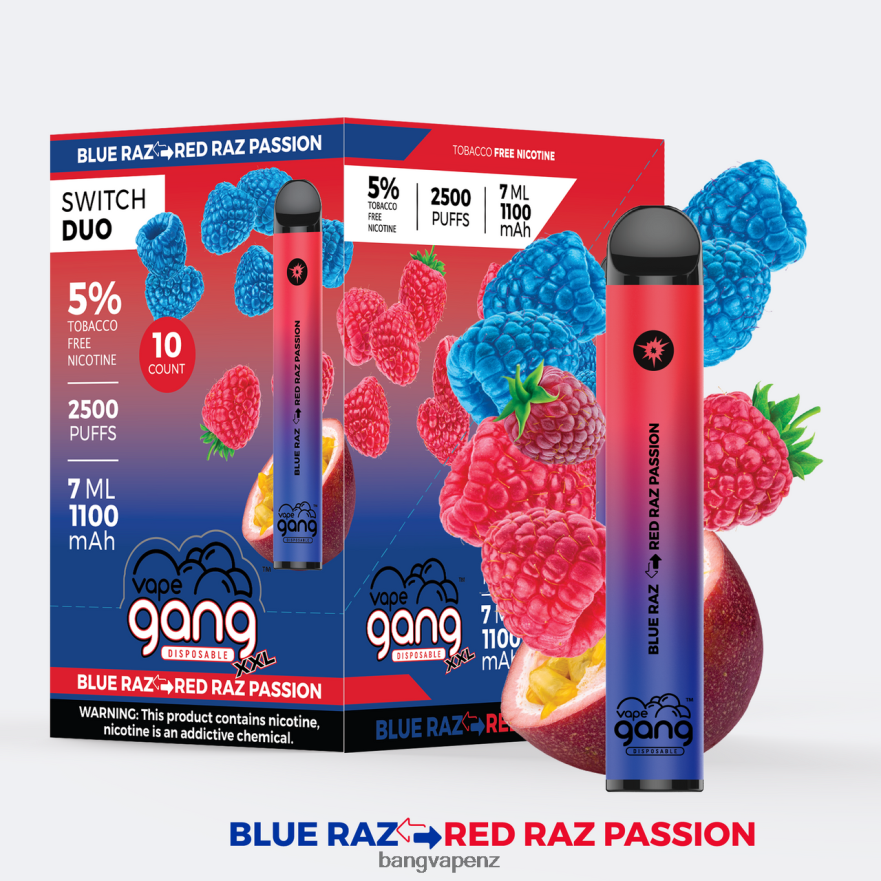 Vape Gang Switch Duo 2 flavors (Box of 10) Blue Razz - Red Razz Passion Vape Gang NZ NB48FT41