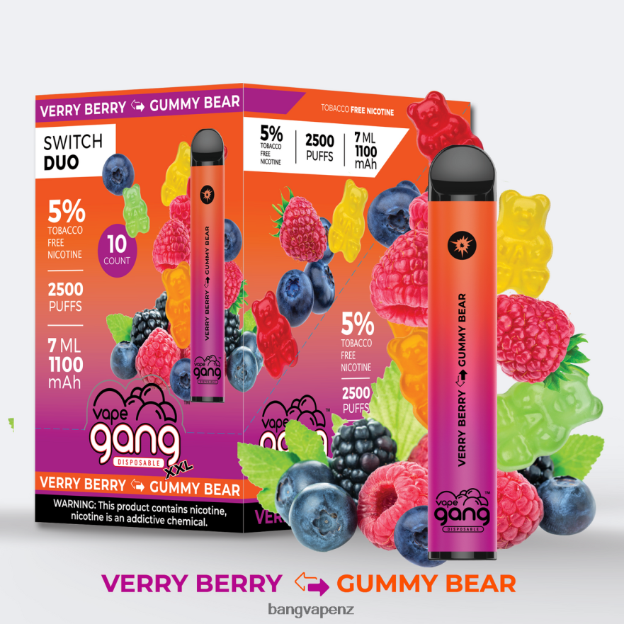 Vape Gang Switch Duo 2 flavors (Box of 10) Very Berry - Gummy Bear Vape Gang Disposables NB48FT48